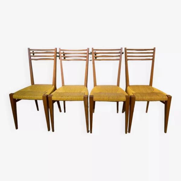 Lot de 4 chaises italiennes, paillées et en très bel état - H92xL42xP44 - marron - bois - vintage