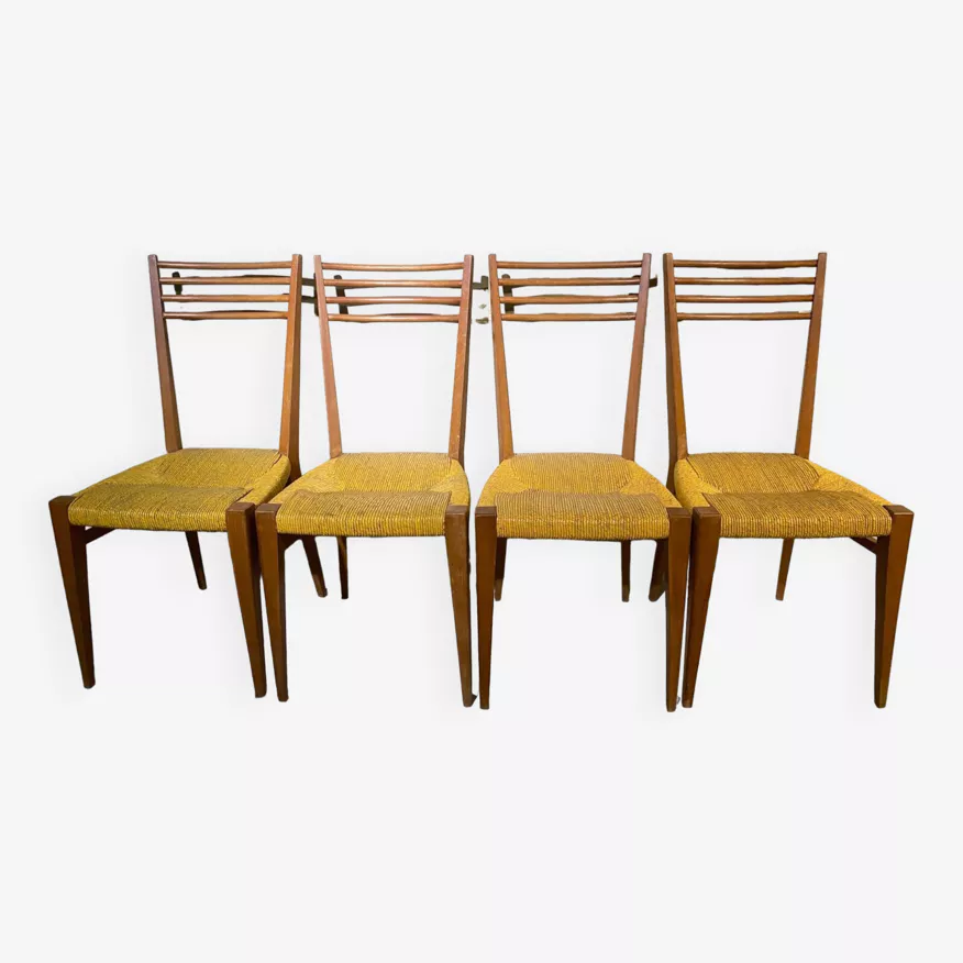 Lot de 4 chaises italiennes, paillées et en très bel état - H92xL42xP44 - marron - bois - vintage